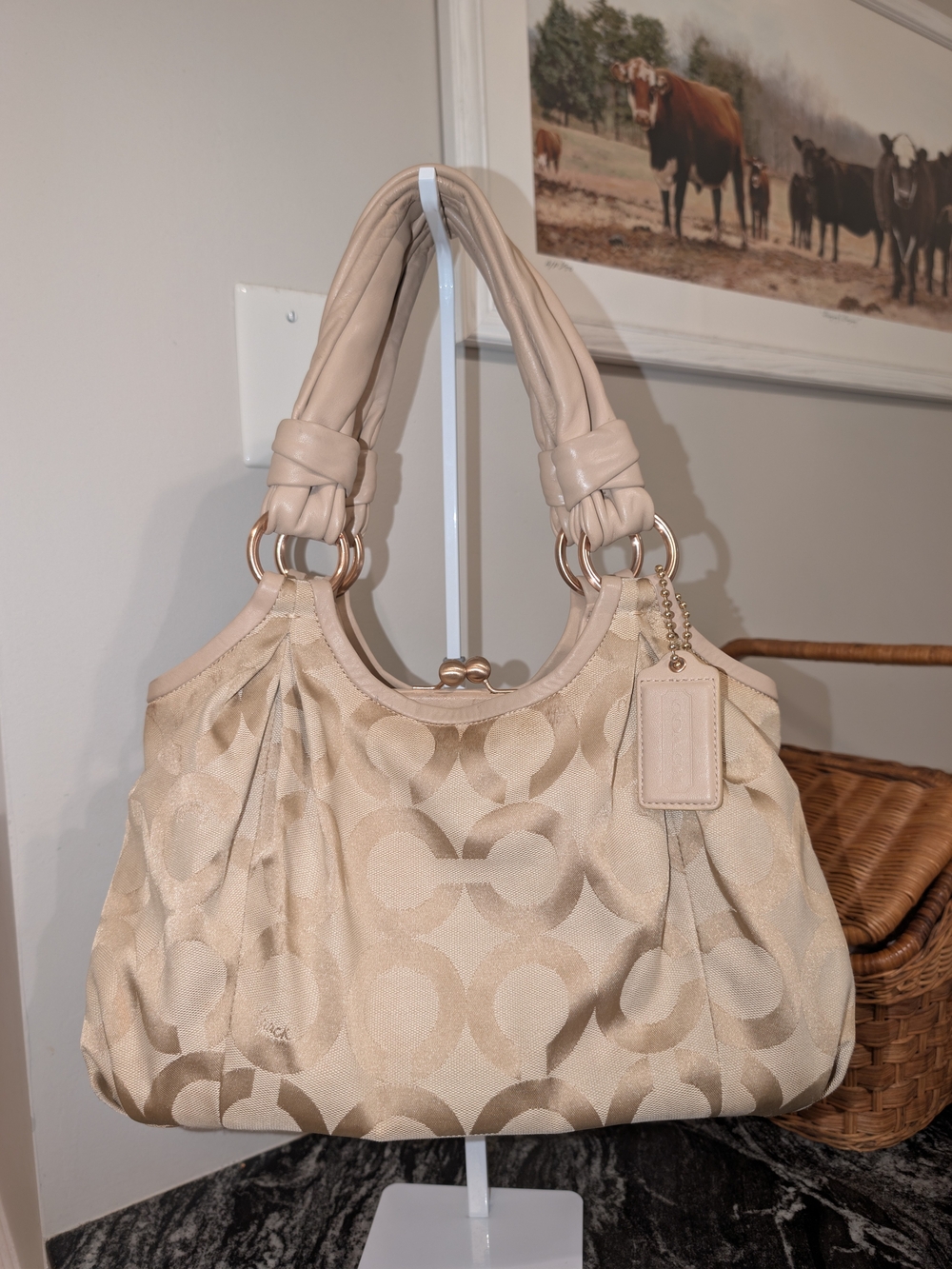 Coach Parker Optic Art Kisslock Hobo Bag Gold Cream Signature Sateen 13441